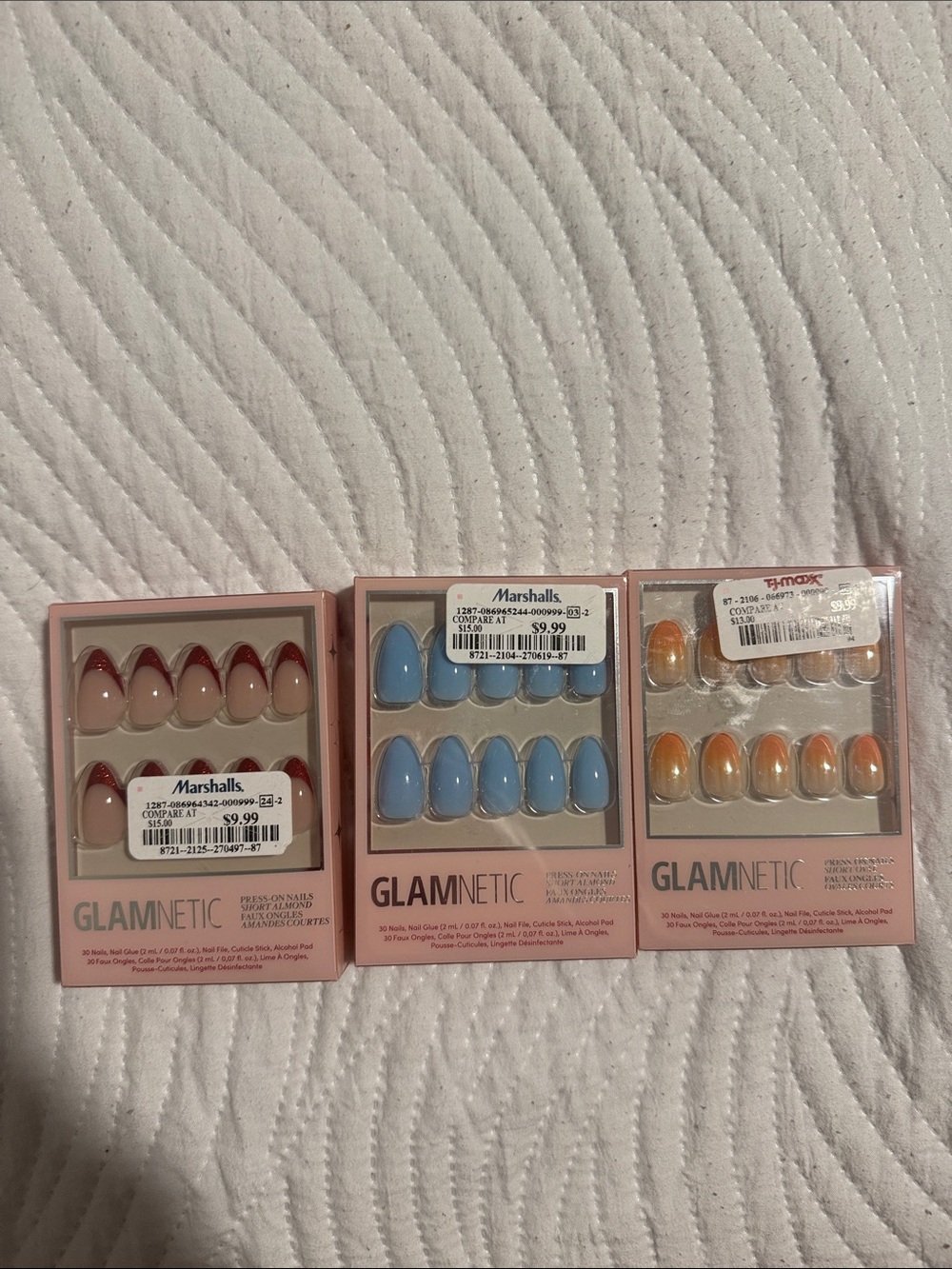 Glamnetic Press-On Nails Set — Pink Red, Blue, and Orange Styles